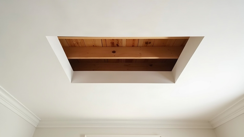 Section of damaged ceiling plasterboard cut out, showing the timber battens above