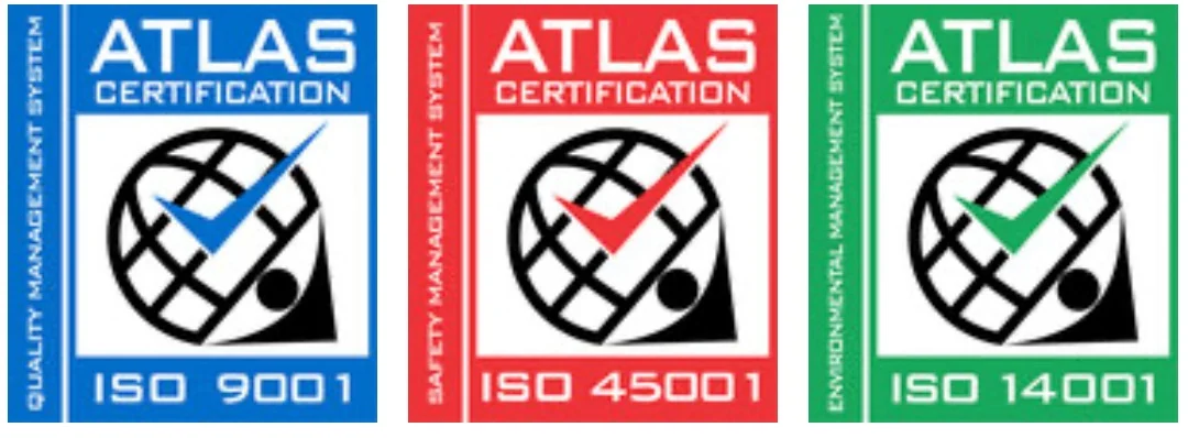 Atlas Certification badges: ISO 9001 Quality, ISO 45001 Safety and ISO 14001 Environmental management systems